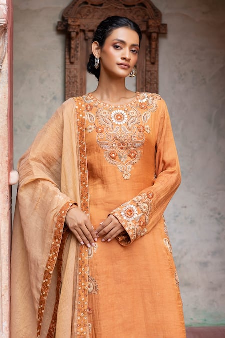 Shop_Shruti Sancheti_Orange Maheshwari, Tissue Embroidery Round Neck Placement Kurta Set 