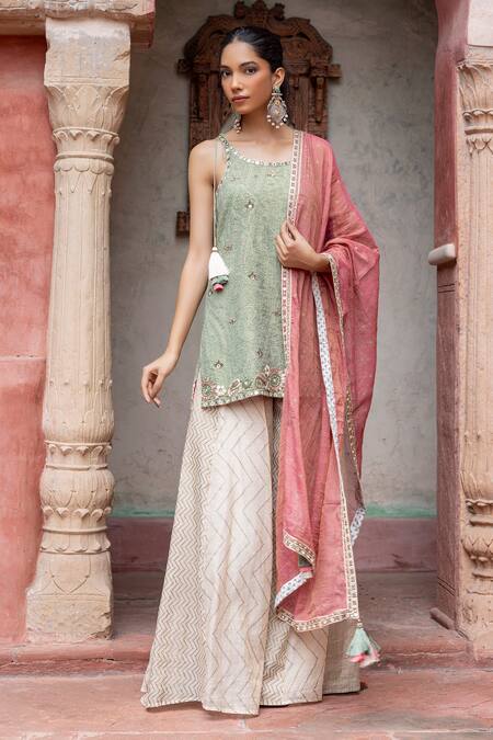 Buy_Shruti Sancheti_Mint Maheshwari, Tissue Embroidery, Lace Round Neck Paisley Short Kurta Set _Online_at_Aza_Fashions