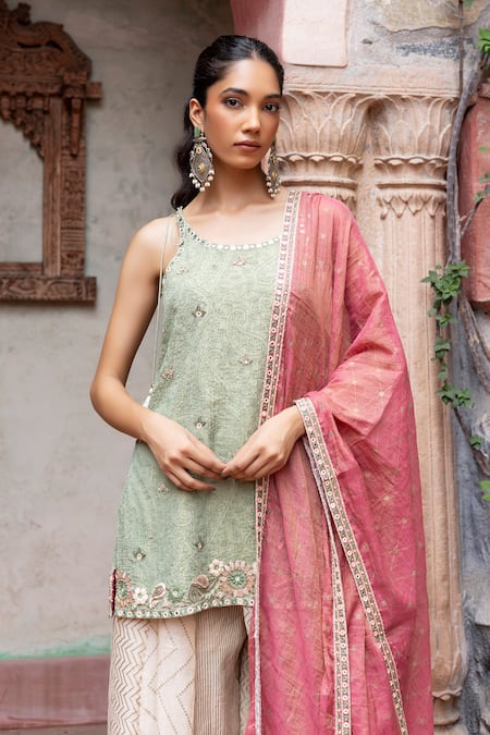 Shop_Shruti Sancheti_Mint Maheshwari, Tissue Embroidery, Lace Round Neck Paisley Short Kurta Set _Online_at_Aza_Fashions