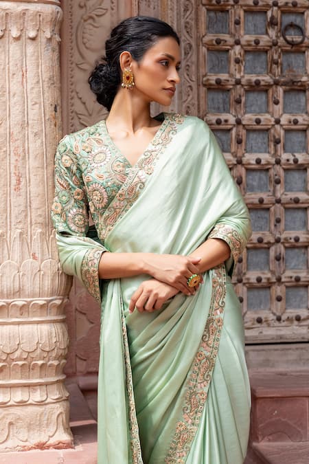 Shruti Sancheti_Green Silk Satin Embroidery V-neck Paisley Saree With Blouse _Online_at_Aza_Fashions