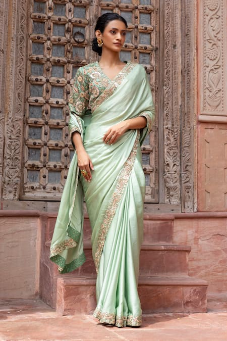 Buy_Shruti Sancheti_Green Silk Satin Embroidery V-neck Paisley Saree With Blouse _Online_at_Aza_Fashions