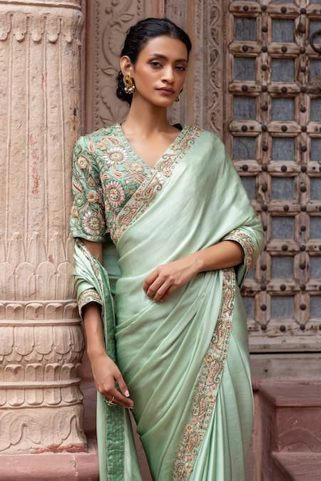 Shop_Shruti Sancheti_Green Silk Satin Embroidery V-neck Paisley Saree With Blouse _Online_at_Aza_Fashions
