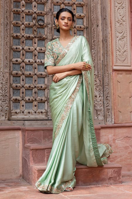 Shruti Sancheti_Green Silk Satin Embroidery V-neck Paisley Saree With Blouse _at_Aza_Fashions
