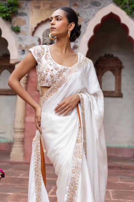 Buy_Shruti Sancheti_White Silk Satin Embroidery Scoop Neck Paisley Saree With Blouse _Online_at_Aza_Fashions
