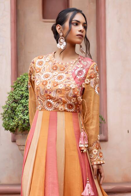 Shruti Sancheti_Multi Color Maheshwari, Tissue Embroidery, Tassels Round Anarkali With Dupatta _Online_at_Aza_Fashions