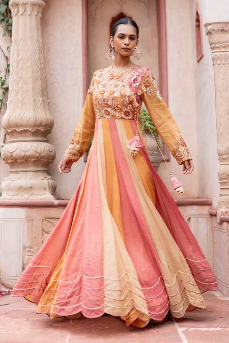 Buy_Shruti Sancheti_Multi Color Maheshwari, Tissue Embroidery, Tassels Round Anarkali With Dupatta _Online_at_Aza_Fashions