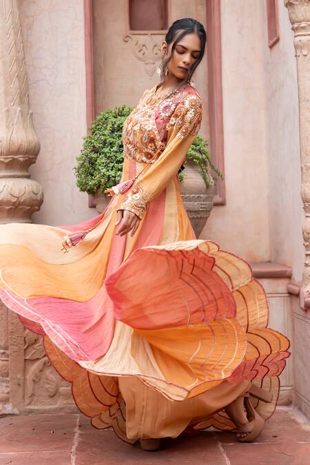 Shop_Shruti Sancheti_Multi Color Maheshwari, Tissue Embroidery, Tassels Round Anarkali With Dupatta _Online_at_Aza_Fashions