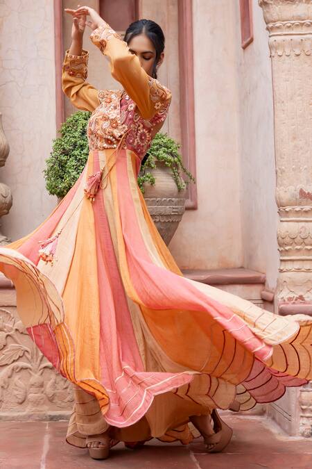 Shruti Sancheti_Multi Color Maheshwari, Tissue Embroidery, Tassels Round Anarkali With Dupatta _at_Aza_Fashions