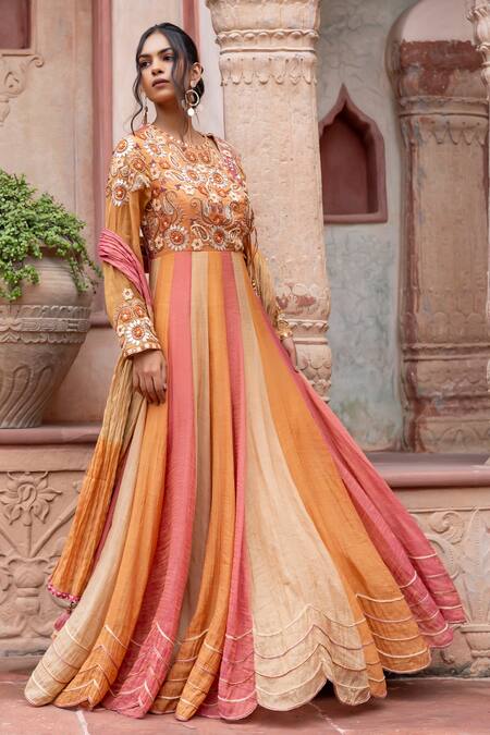 Shop_Shruti Sancheti_Multi Color Maheshwari, Tissue Embroidery, Tassels Round Anarkali With Dupatta 