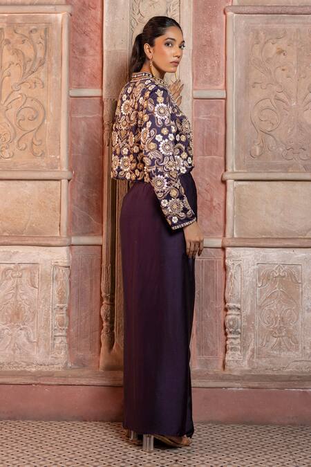 Shruti Sancheti_Purple Silk Satin Embroidery, Mirrors Mandarin Paisley Cropped Jacket Pant Set _Online_at_Aza_Fashions