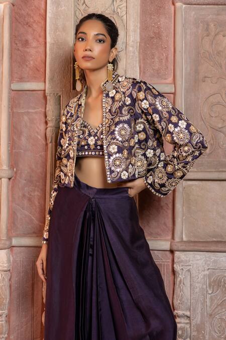Buy_Shruti Sancheti_Purple Silk Satin Embroidery, Mirrors Mandarin Paisley Cropped Jacket Pant Set _Online_at_Aza_Fashions