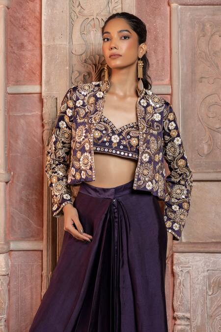 Shop_Shruti Sancheti_Purple Silk Satin Embroidery, Mirrors Mandarin Paisley Cropped Jacket Pant Set _Online_at_Aza_Fashions