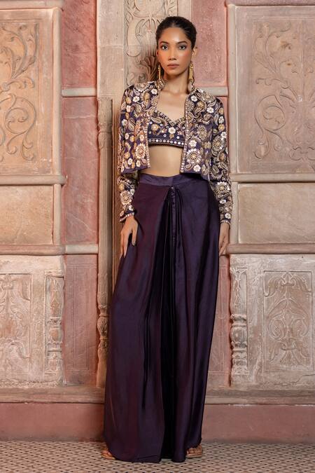 Shruti Sancheti_Purple Silk Satin Embroidery, Mirrors Mandarin Paisley Cropped Jacket Pant Set _at_Aza_Fashions