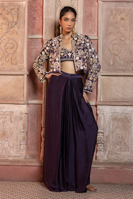 Buy_Shruti Sancheti_Purple Silk Satin Embroidery, Mirrors Mandarin Paisley Cropped Jacket Pant Set 