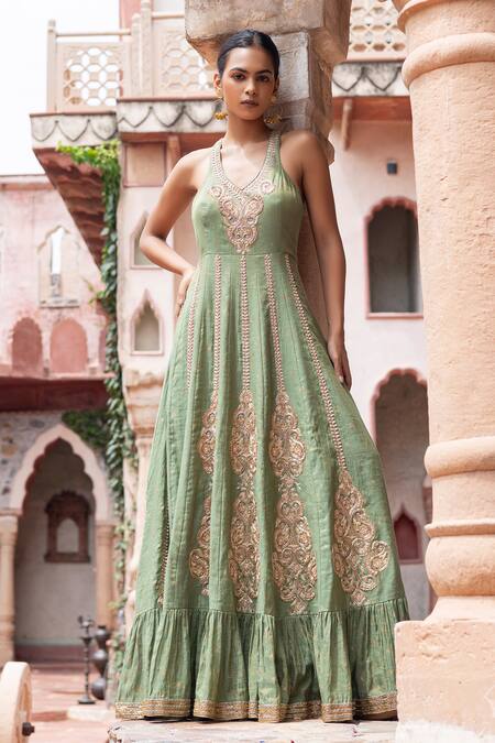 Shop_Shruti Sancheti_Mint Maheshwari, Tissue Embroidery V-neck Paisley Anarkali _Online_at_Aza_Fashions