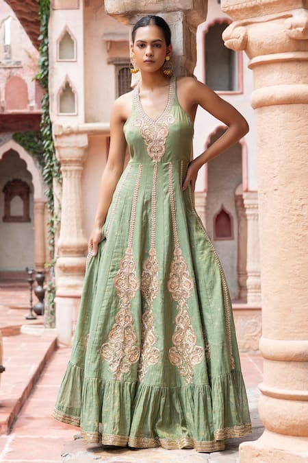 Shruti Sancheti Mint Maheshwari, Tissue Embroidery V-neck Paisley Anarkali 