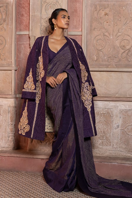 Shruti Sancheti Purple Silk Embroidery, Zari Open Neck Raw Zardozi Jacket