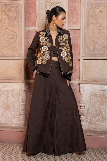 Shruti Sancheti_Brown Silk Embroidery Collared, V-neck Paisley Long Jacket Set _Online_at_Aza_Fashions