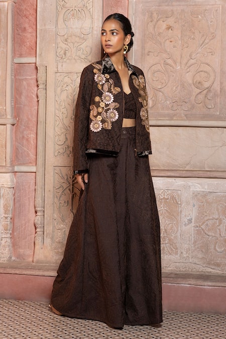 Buy_Shruti Sancheti_Brown Silk Embroidery Collared, V-neck Paisley Long Jacket Set _Online_at_Aza_Fashions
