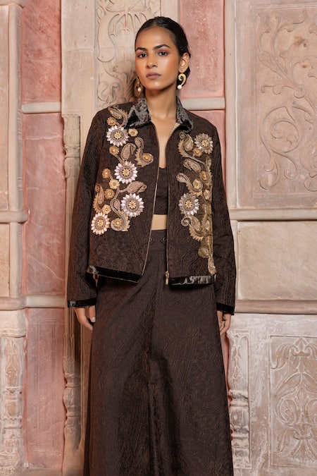 Shop_Shruti Sancheti_Brown Silk Embroidery Collared, V-neck Paisley Long Jacket Set _Online_at_Aza_Fashions