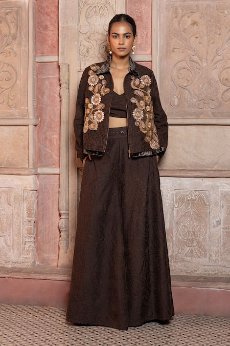Shruti Sancheti_Brown Silk Embroidery Collared, V-neck Paisley Long Jacket Set _at_Aza_Fashions