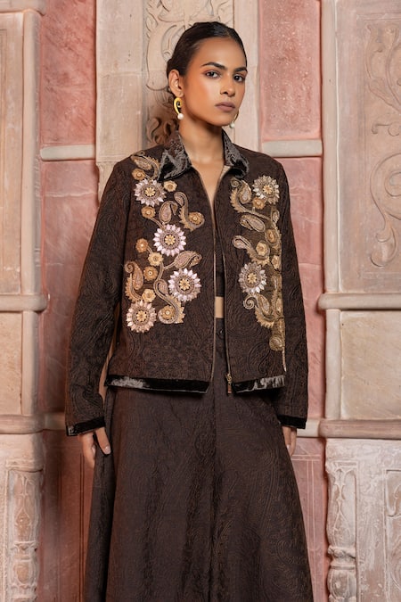 Buy_Shruti Sancheti_Brown Silk Embroidery Collared, V-neck Paisley Long Jacket Set 