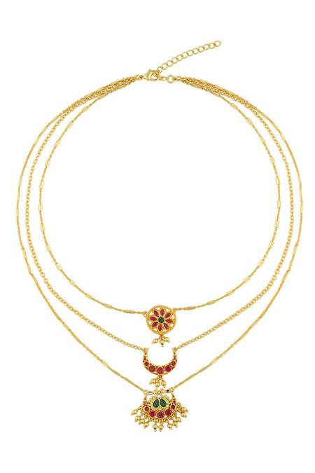 Zariin_Gold Plated Moon And Blooms Layered Necklace _Online_at_Aza_Fashions