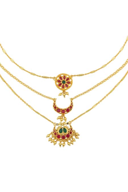Buy_Zariin_Gold Plated Moon And Blooms Layered Necklace _Online_at_Aza_Fashions