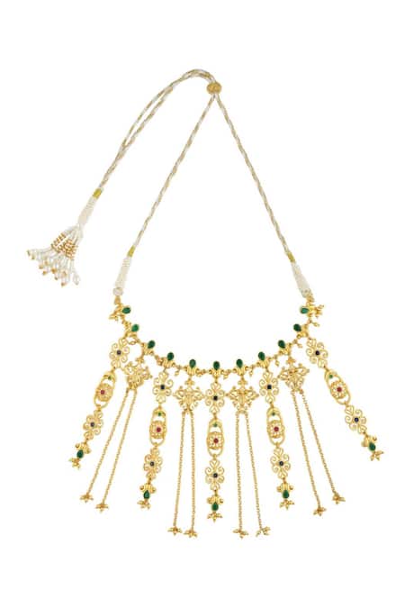 Zariin_Gold Plated Dancing Drapes Statement Necklace _Online_at_Aza_Fashions