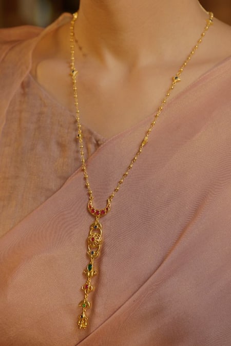 Zariin_Gold Plated Moonlit Grace Lariat Necklace _at_Aza_Fashions