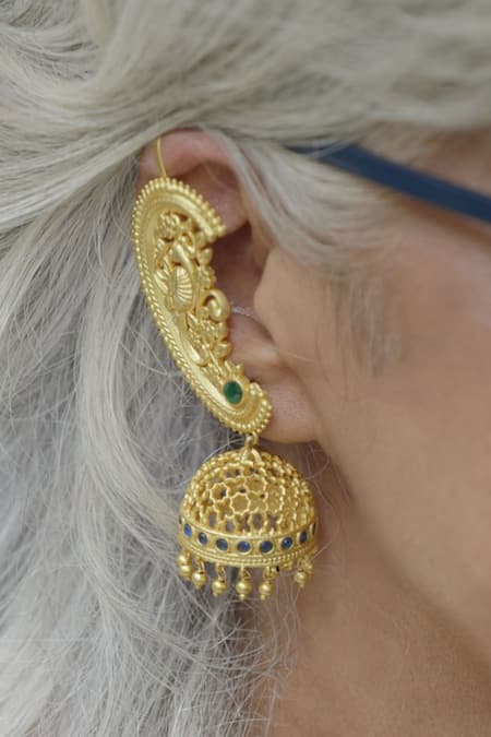Buy_Zariin_Gold Plated Stones Opulent Heritage Jhumkas _Online_at_Aza_Fashions