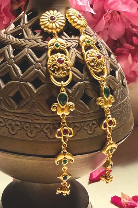 Shop_Zariin_Gold Plated Stones Gulbahaar Statement Earrings _Online_at_Aza_Fashions