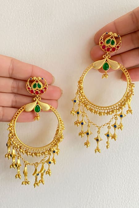 Zariin Gold Plated Stones, Beads Poetic Dance Hoop Earrings 