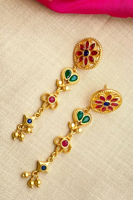 Zariin Gold Plated Stones Melody Of Flowers Earrings 