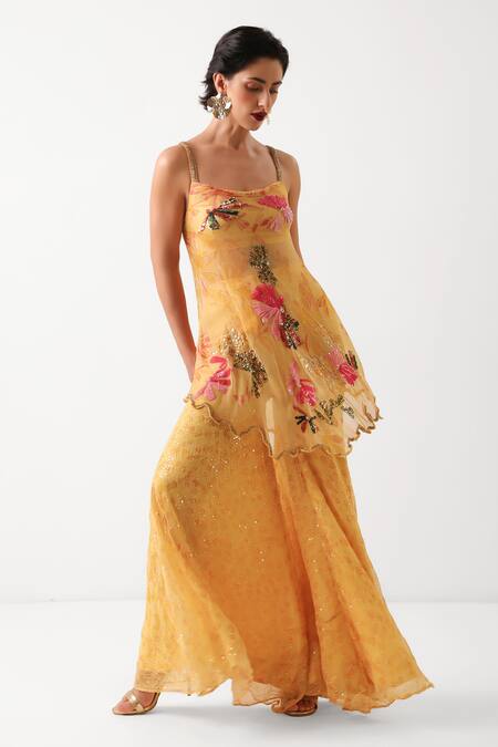 Shop_Pallavi Jaipur_Yellow Chiffon Sequins, Embroidery Scoop Kal Katta Bageecha Tunic And Sharara Set 