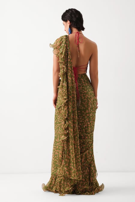 Pallavi Jaipur Ezra Pre-Draped Jhilmil Saree With Rani Ambi Blouse 