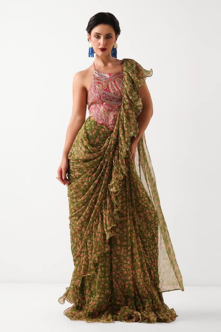 Buy_Pallavi Jaipur_Green Chiffon, Tussar Ezra Pre-draped Jhilmil Saree With Rani Ambi Blouse 