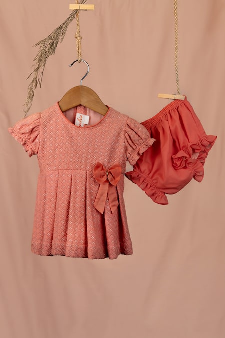 Minikin_Peach Georgette Bows, Ruffles Chikankari Dress _Online_at_Aza_Fashions