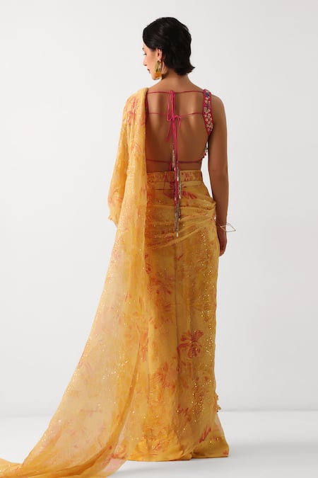 Pallavi Jaipur Butter Yellow Pre-Draped Saree With Phool Gota Blouse 