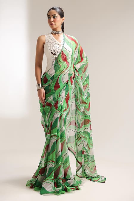 Pallavi Jaipur Green Chiffon, Chanderi Sequins, Lush Lehar Pre-draped Saree With Waistcoat 