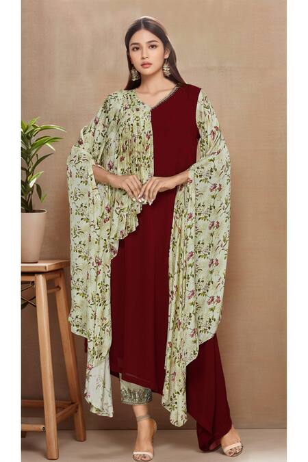 Aariyana Couture Cream Georgette, Modal, Satin Beads, Sequins V-neck Printed Asymmetric Kurta Set