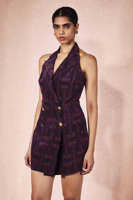 Buy_Nirmooha_Purple Crepe Halter Neck Plum Dress _Online_at_Aza_Fashions