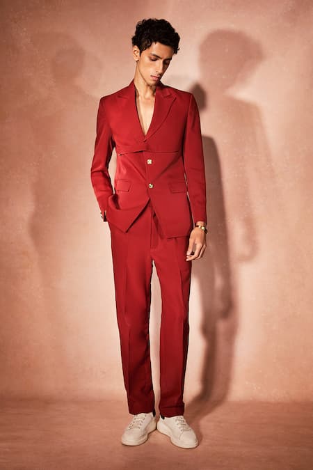 Nirmooha Red Microfiber Ceremonial Flame Blazer With Pant 