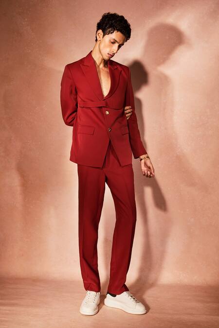 Shop_Nirmooha_Red Microfiber Ceremonial Flame Blazer With Pant _Online_at_Aza_Fashions