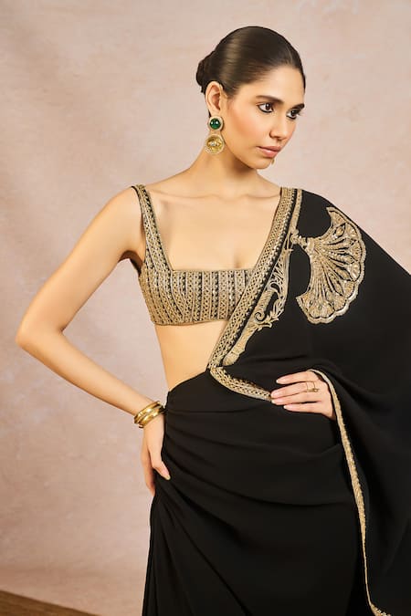 Masaba_Black Crepe, Tulle Embroidery, Stones, Zari, Aur Tum Pre-stitched Saree Set _at_Aza_Fashions