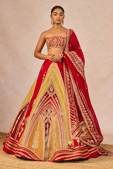 Masaba Red Silk, Organza Embroidery, Stones, Beads, Garam Masala 12 Kalis Lehenga Set 
