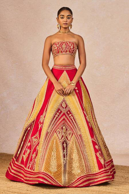 Shop_Masaba_Red Silk, Organza Embroidery, Stones, Beads, Garam Masala 12 Kalis Lehenga Set _Online_at_Aza_Fashions