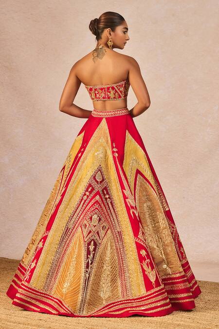 Masaba_Red Silk, Organza Embroidery, Stones, Beads, Garam Masala 12 Kalis Lehenga Set _at_Aza_Fashions