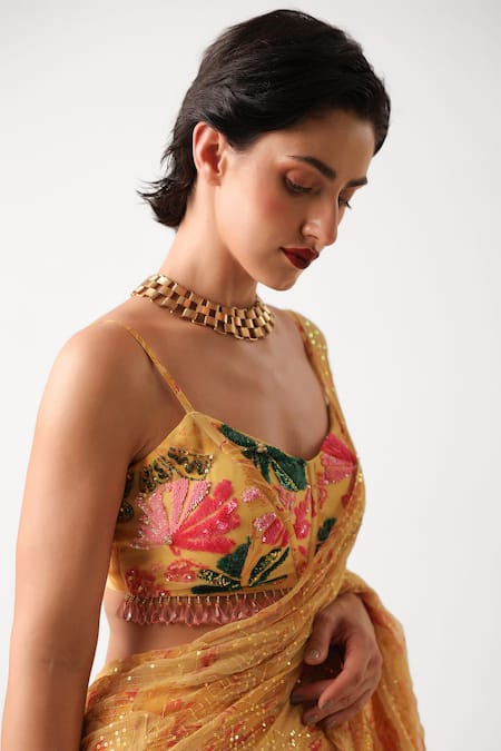 Buy_Pallavi Jaipur_Yellow Chiffon Sequins, Embroidery Sun Kissed Ruffle Lehenga Saree Set 