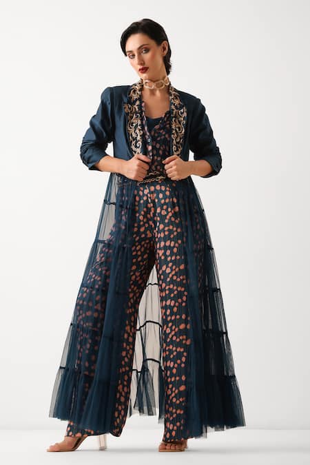 Pallavi Jaipur Blue Chanderi, Net, Chiffon, Modal Embroidery, Nelumbo Print Blazer And Pant Set 